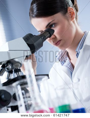 Female Researcher Using Microscope
