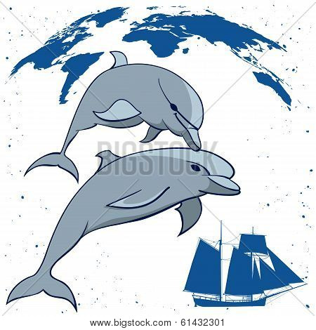 Dolphins And  Tall Ship