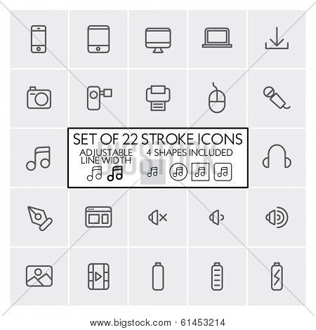 Stroke design icons set 5 / Computer + mobile + music + etc. / Adjustable line width + 4 button shapes included / Check out the other parts of set
