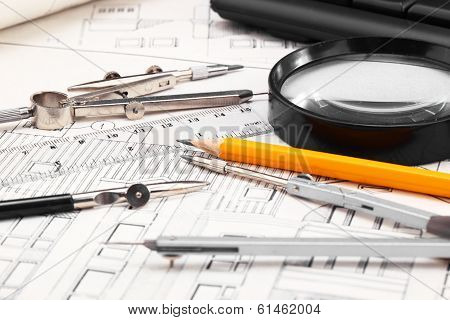 construction drafts and tools on the table