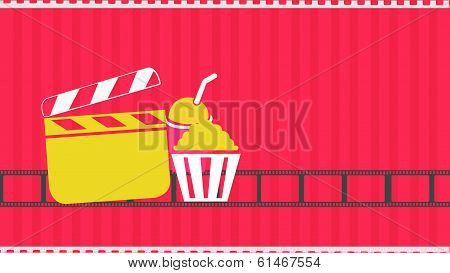 Film With Popcorn And Drink On a Red Background