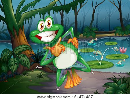 Illustration of a forest with a playful frog and fishes at the pond