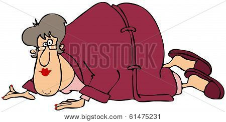 Woman crawling in a bathrobe