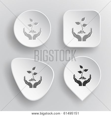 life in hands. White flat vector buttons on gray background.