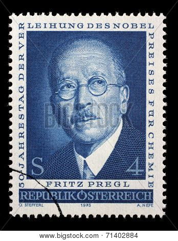 AUSTRIA - CIRCA 1973: a stamp printed in the Austria shows Fritz Pregl, Chemist, 50th Anniversary of the Awarding of the Nobel Prize for Chemistry, circa 1973