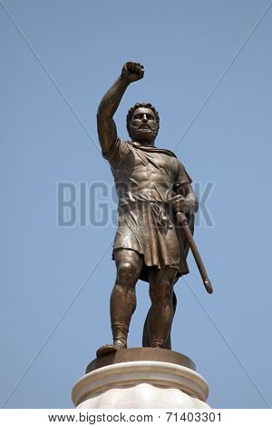 SKOPJE, MACEDONIA - MAY 17: Warrior with accompanying elements in Skopje. 29 meters tall Philip II Macedon Sculpture in Skopje, Macedonia on May 17, 2013