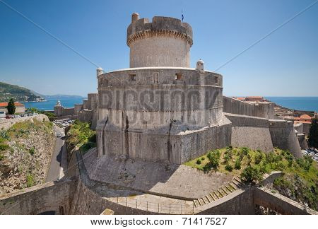 Minceta tower on old walls of Dubrovnik, Croatia. Tower is highest point of the wall and a symbol of unconquerable city of Dubrovnik