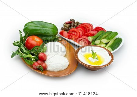 Lebanese food of Labneh Yogurt cheese and goat cheese with veggies