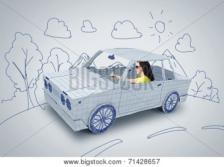 Young woman riding car made of list of paper