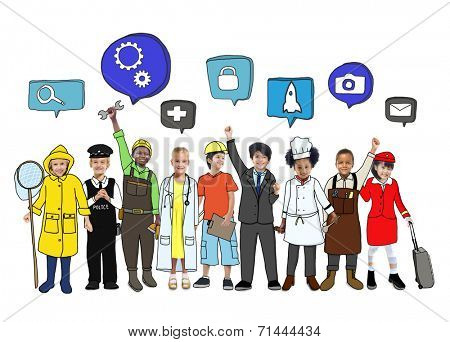 Cheerful Kids and Various Occupations Concept