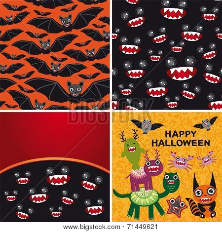 Happy Halloween set of two seamless patterns and two cards. Bats