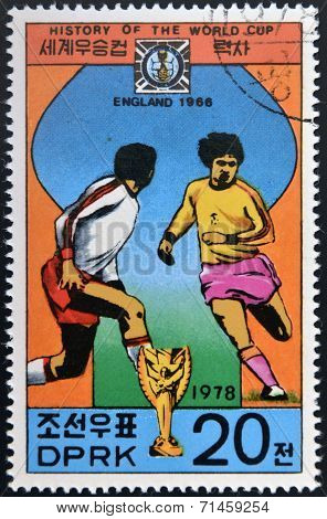 NORTH KOREA - CIRCA 1978: a stamp printed in North Korea shows football players World football cup