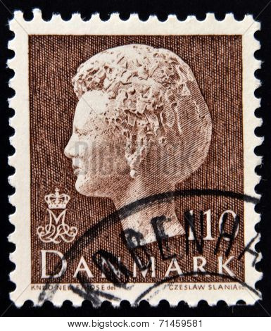 DENMARK - CIRCA 1974: stamp printed in Denmark shows portrait of Queen Margrethe circa 1974