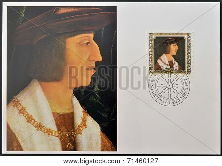 LIECHTENSTEIN - CIRCA 1982: Stamp printed in Liechtenstein dedicated to portraits of Famous visitors