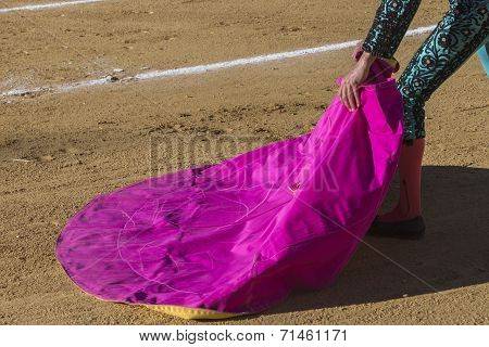 Spanish Bullfighter With The Cape In The Sabiote Bullring, Sabiote, Jaen Pronvince, Spain