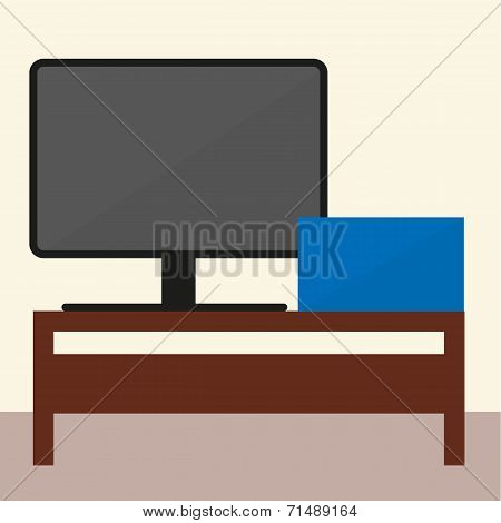 Simple Colorful Icon For Shop - Table With Monitor And A Blue Box
