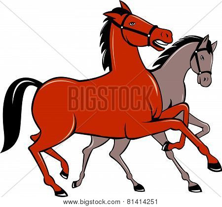 Two Horses Prancing Side Cartoon