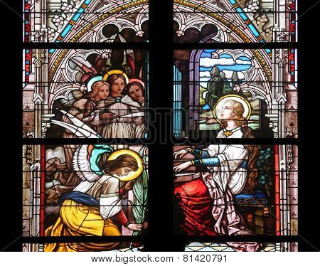 VIENNA, AUSTRIA - OCTOBER 11: Saint Cecilia, stained glass in Minoriten kirche in Vienna, Austria on October 11, 2014.