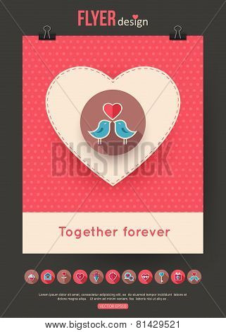 Valentines Day brochure template and set of flat valentines day icons. Abstract typographical flyer