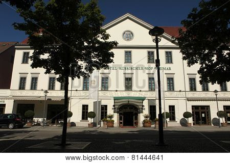 WEIMAR, GERMANY - JULY 27, 2013: Hotel Russischer Hof (The Russian Court) in Weimar, Germany. The hotel was build by the order of Grand Duchess Maria Pavlovna of Russia. 