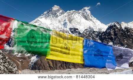 View Of Mount Everest With Buddhist Prayer Flags
