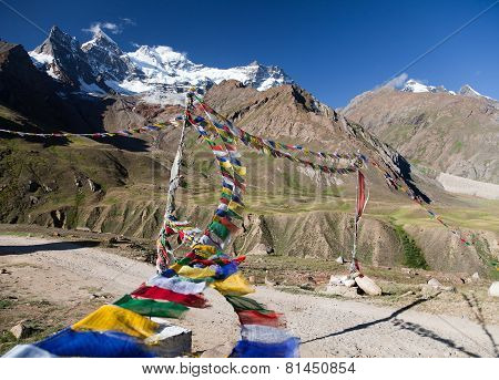 View Of Nun Kun Range With Buddhist Prayer Flags