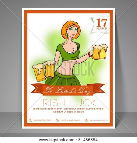 Stylish flyer, banner or template with young leprechaun girl holding beer mug for St. Patrick's Day party celebration.