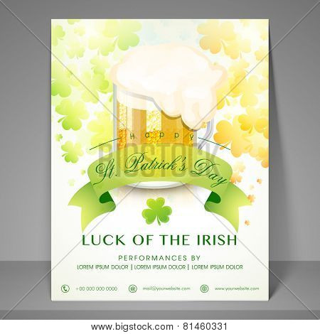 Beautiful party flyer decorated by shiny shamrock and beer mug for St. Patrick's Day celebration.