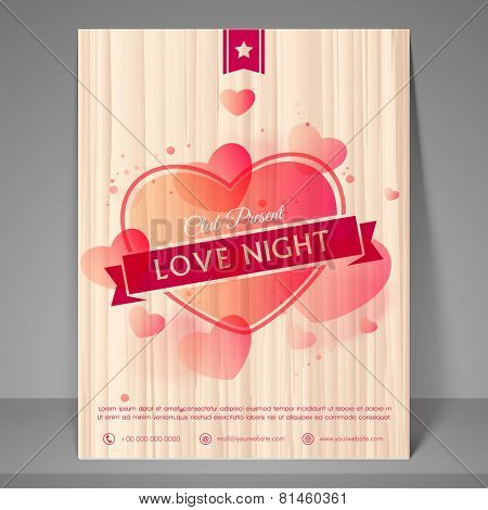 Pink hearts decorated flyer, banner or template for love night party celebration.