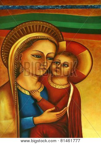KOLKATA, INDIA - FEBRUARY 10: Virgin Mary with baby Jesus, Church in Loreto Convent where Mother Teresa lived before the founding of the Missionaries of Charity in Kolkata, India on February 10, 2014.