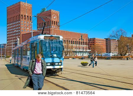 Oslo. Norway. Tram on Aker Brygge