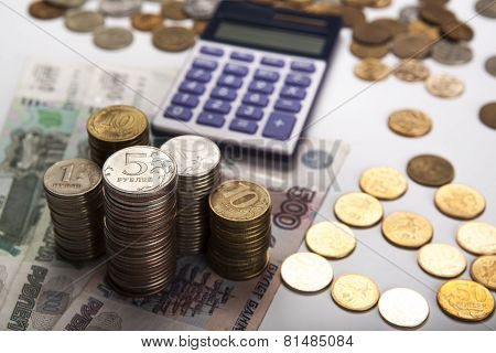 Stacks Of Russian Rubles With Calculator