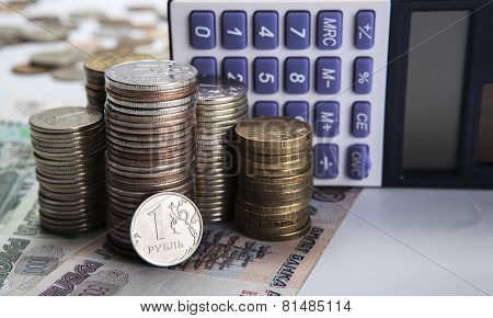 Stacks Of Russian Rubles With Calculator