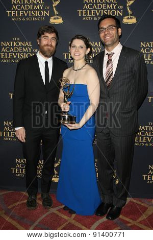 LOS ANGELES - APR 24: Jon Philpot, Angie Dix, Mustafa Bhagat at The 42nd Daytime Creative Arts Emmy Awards Gala at the Universal Hilton Hotel on April 24, 2015 in Los Angeles, California