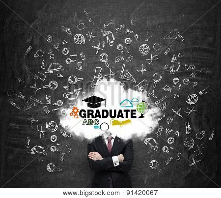 A Student Is Pondering Over The Graduation Process In The University. Cloud With The Educational Ico
