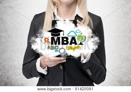 Blonde Business Lady Is Holding A Cloud With Business Education Icons. A Concept Of The Mba Degree.
