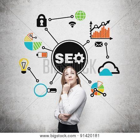 A Beautiful Manager Is Thinking About 'seo' Optimisation Process. A Flowchart Is Drawn On The Concre