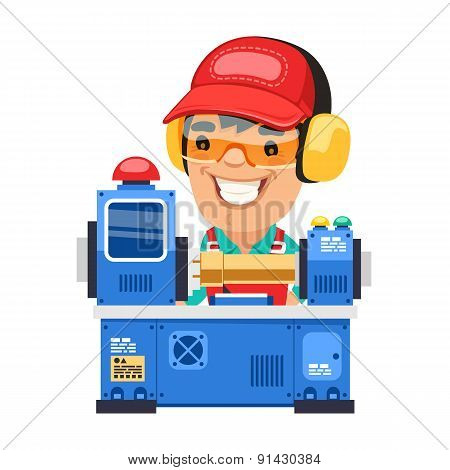 Factory Worker is Working on Lathe Machine