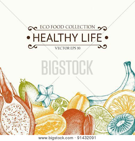 Vintage frame with tropical fruits illustration.
