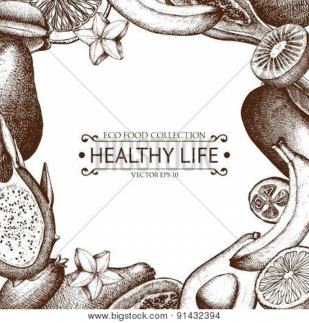 Vintage frame with tropical fruits illustration isolated on white.