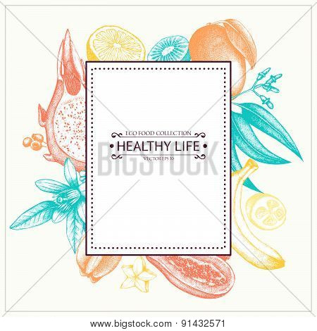 Vintage frame with tropical fruits illustration.