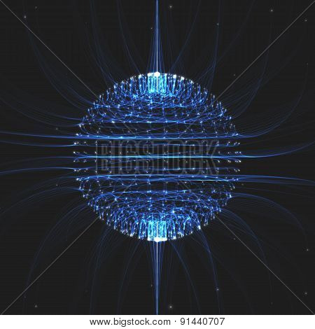 Abstract vector mesh background. Sphere of bioluminescent tentacles. Futuristic style card.