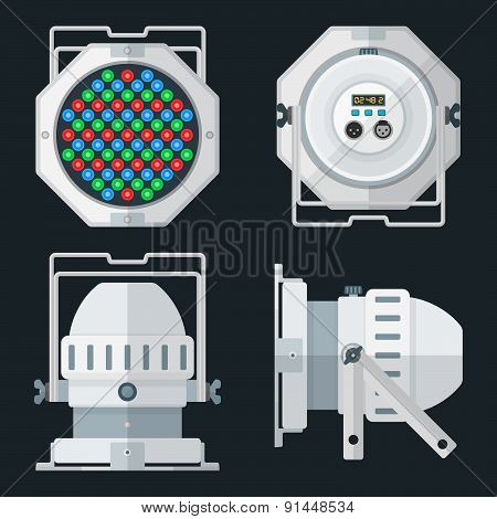 Led Par Professional Stage Lighting Projector Colored Flat Illustration Various Position.