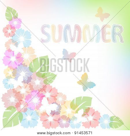 Pastel Summer Background With Flowers And Butterfly.