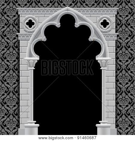 Stone gothic arch and wall in black and white colors on classic vintage background. Antique architecture frame.  Vector Illustration