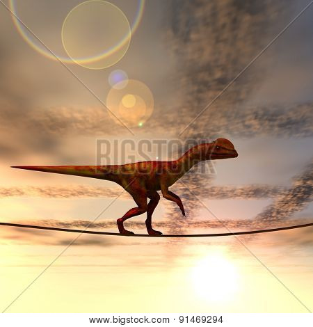 Concept or conceptual abstract business metaphor as wild heavy dinosaurus balancing on rope over sunset sky background