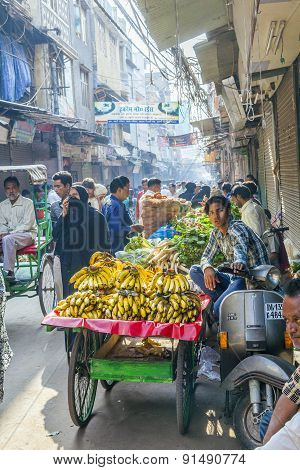 Man Sells Bananas At The Old Vegetable Street Market In Delhi