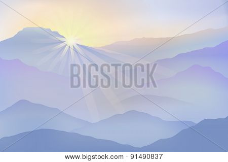 Background With Sun And Mountains In The Fog
