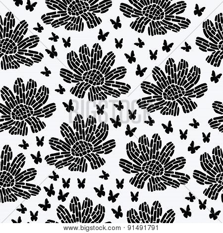 Black flowers and butterflies.