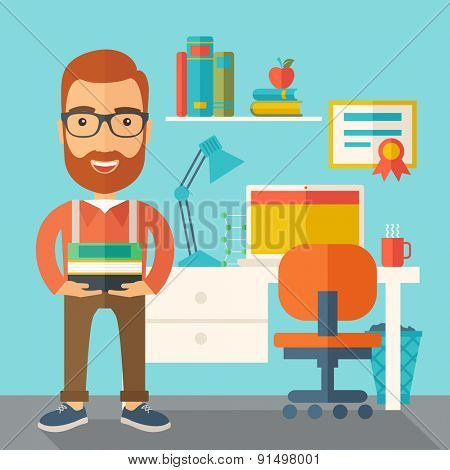 A student or lecturer standing carrying a stack of books inside his office. A Contemporary style with pastel palette, soft green tinted background. Vector flat design illustration. Square layout.